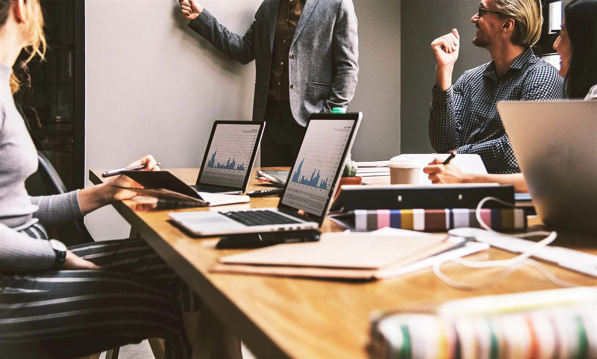 Professionals collaborating in a modern office